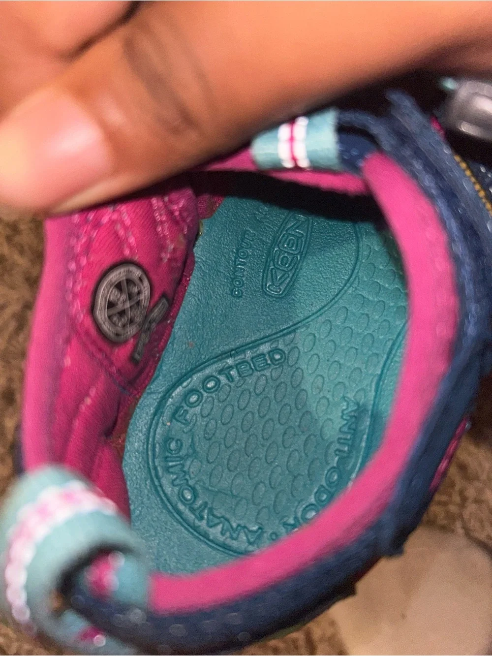 Keen Kids Navy, Pink & Teal Closed-Toe Water Shoes *writing on bottom of shoe*